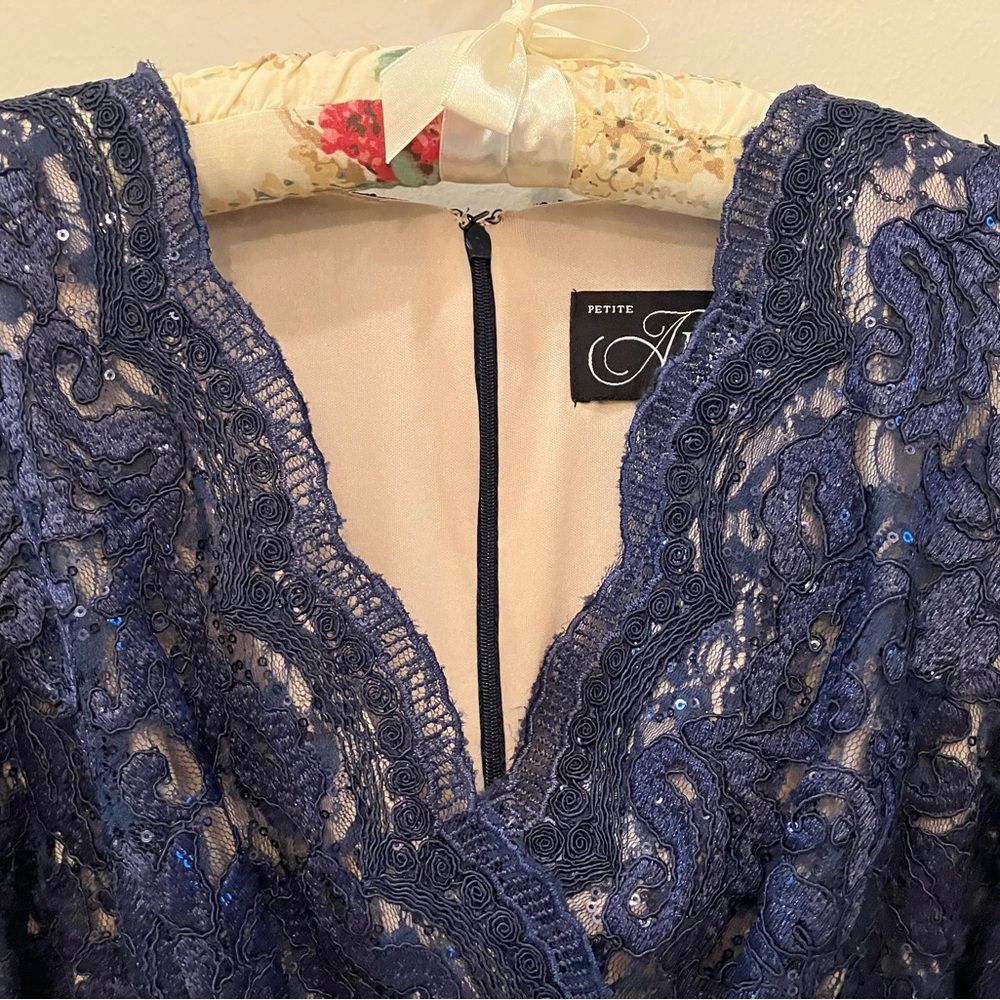 Alex Evenings Blue Dress with Intricate Lace Design and sequins